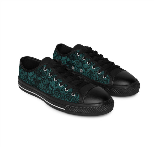 Green Vintage Black Floral Women's Sneakers