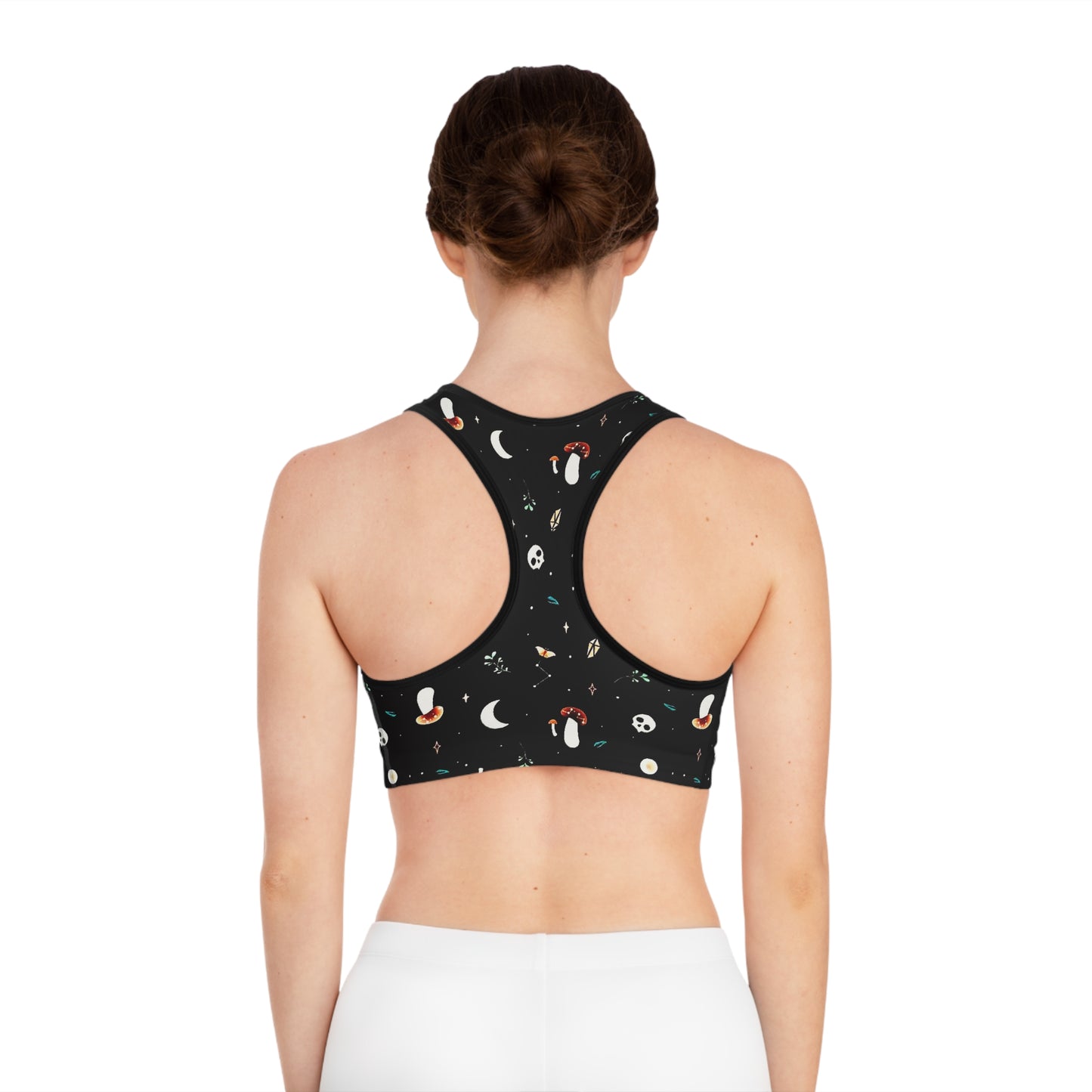 Skull and Mushroom Whimsical Themed Black Sports Bra