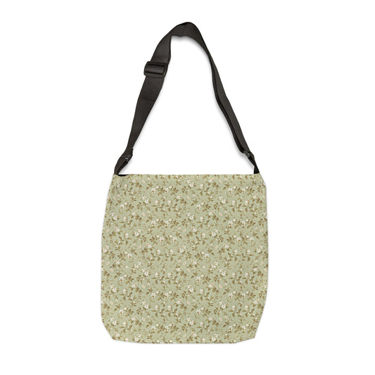 Vintage Green Whimsical Floral Tote Bag with Adjustable Strap