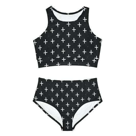 Tiny Crosses Goth Black Sporty Bikini Set