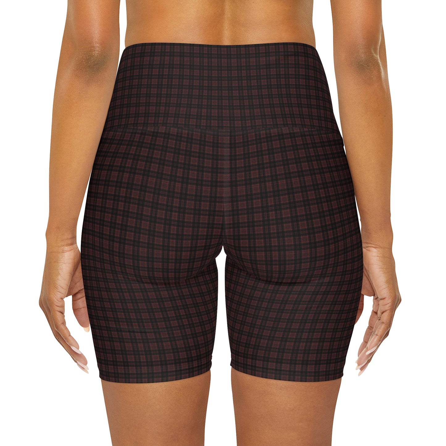 Dark  Burgundy Black Plaid High Waisted Yoga Biker Shorts