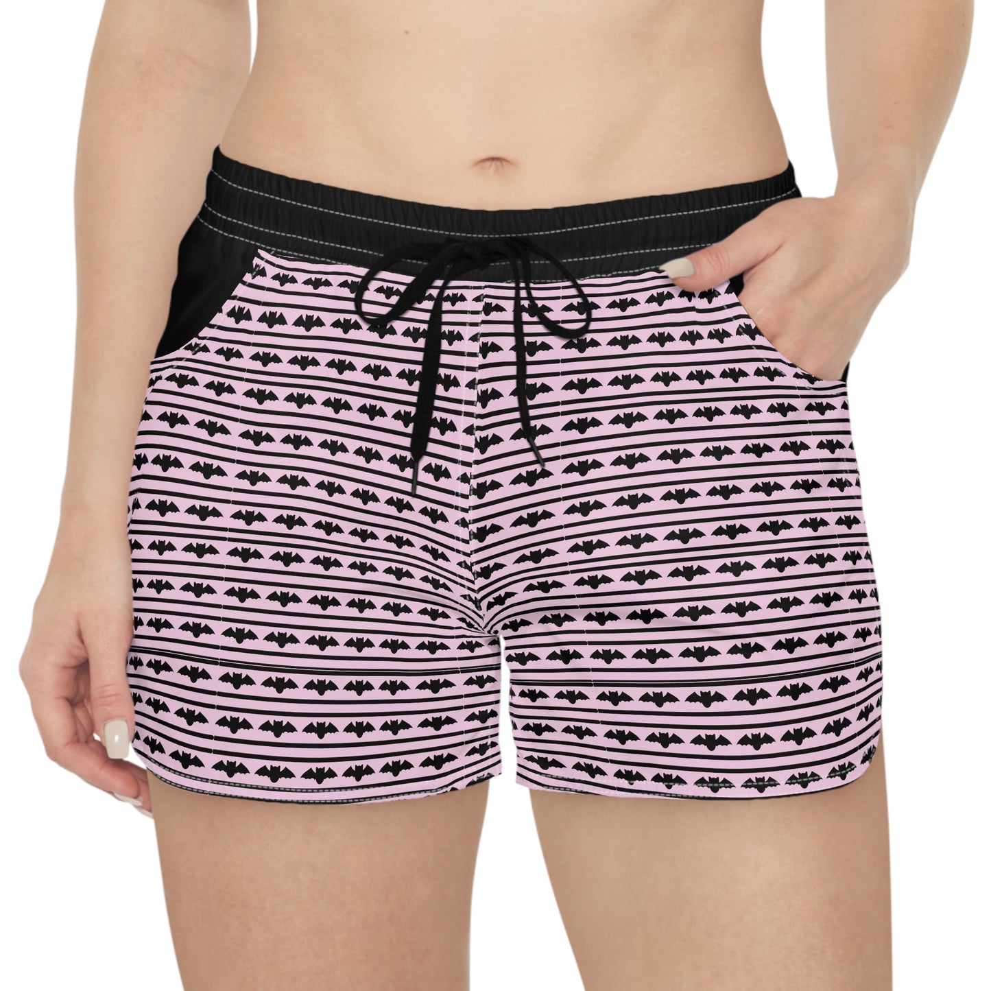 Striped Pastel Pink Women's Black Casual Shorts with Bats