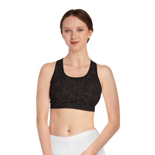 Burgundy Black Floral Sports Bra