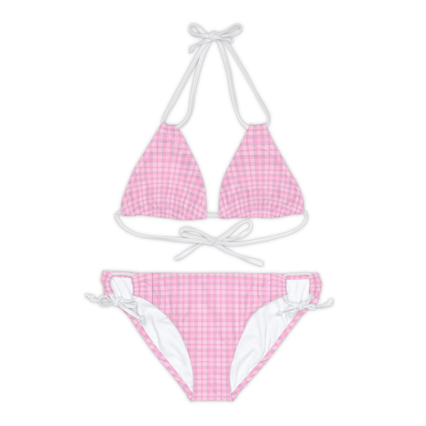 Pastel Pink Plaid Kawaii Coquette Strappy Bikini Set