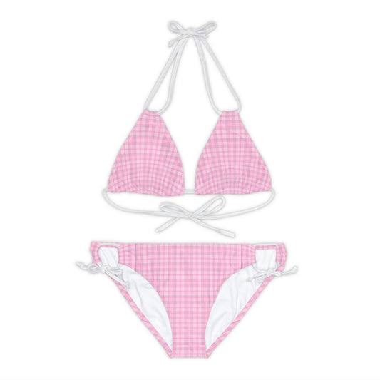 Pastel Pink Plaid Kawaii Coquette Strappy Bikini Set