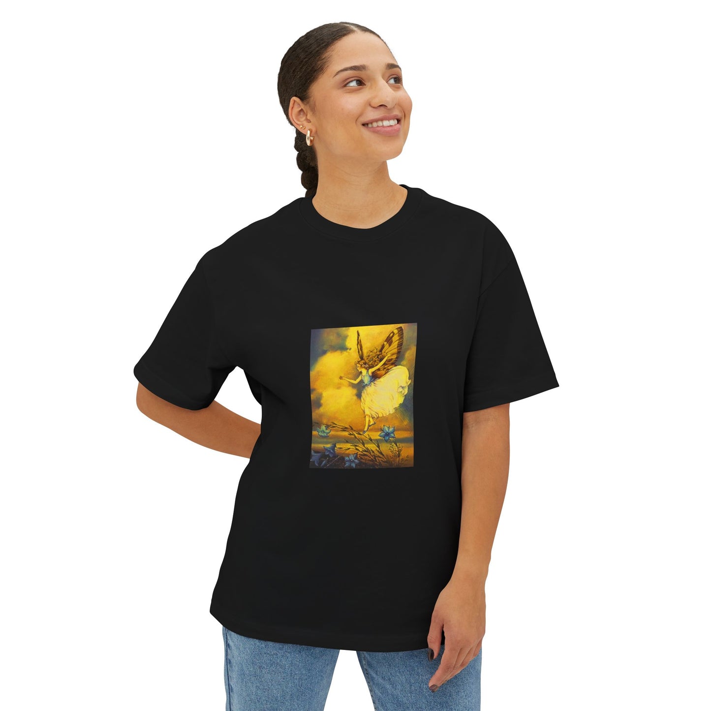 Yellow Tone Butterfly Fairy Art Unisex Black Oversized T-Shirt