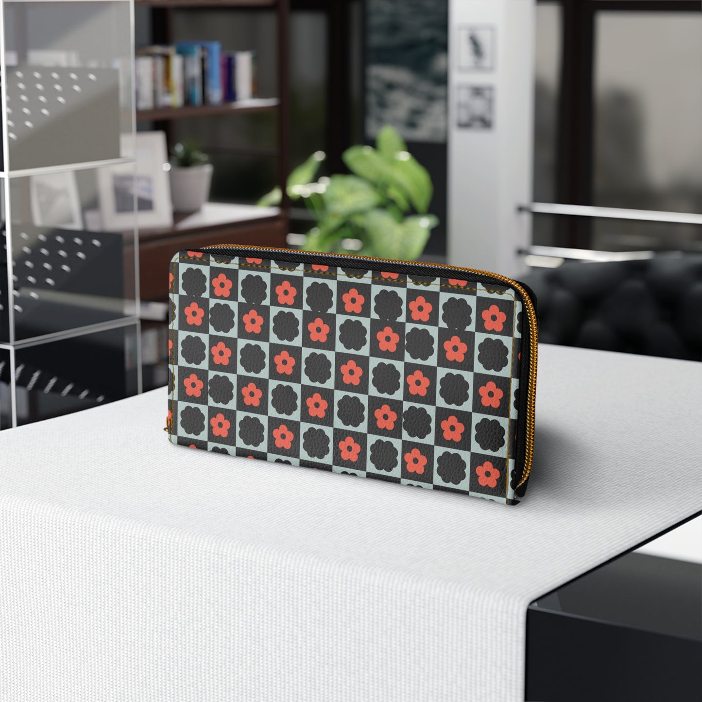 Zipper Wallet - Flower Retro Checkered