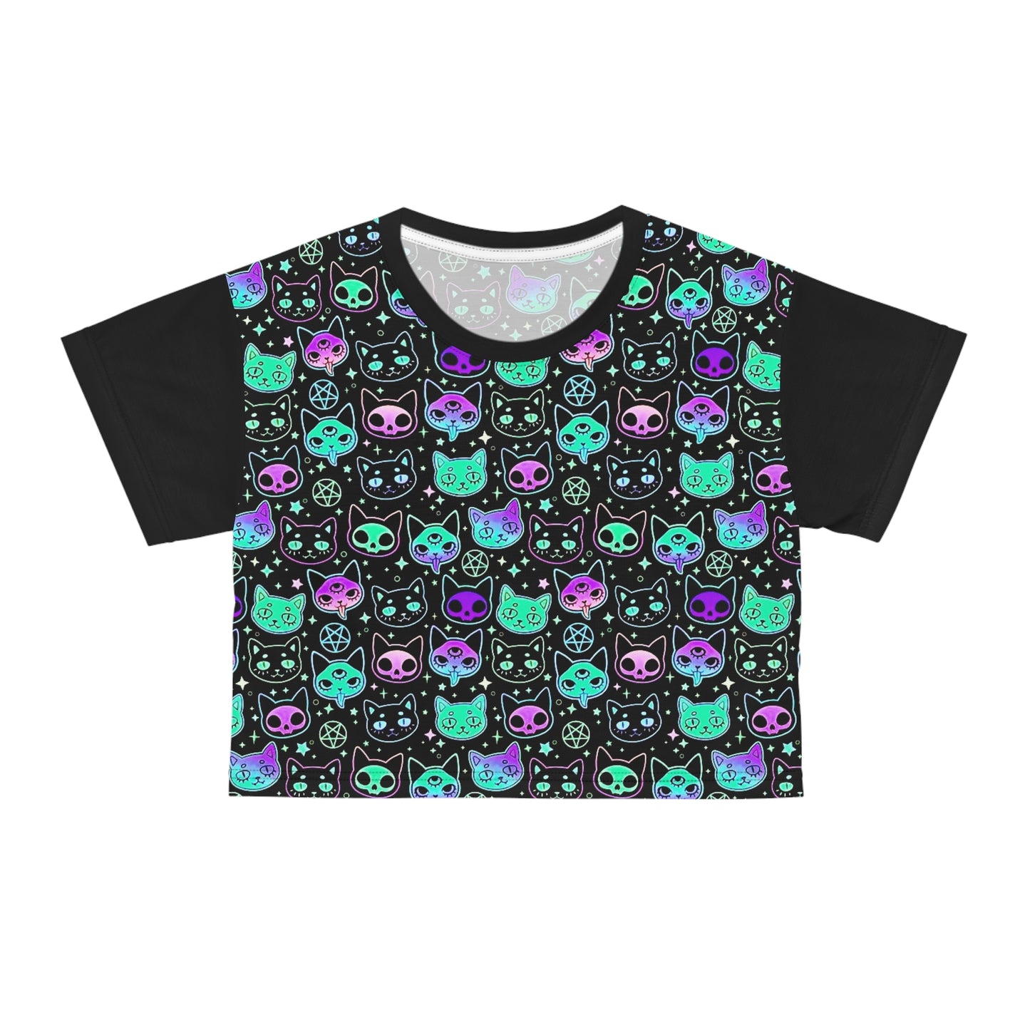 Neon Celestial Cat Pattern Women's Black Crop Tee