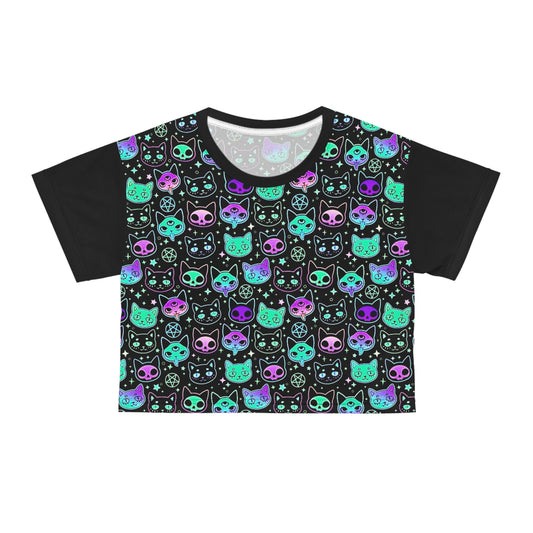 Neon Celestial Cat Pattern Women's Black Crop Tee