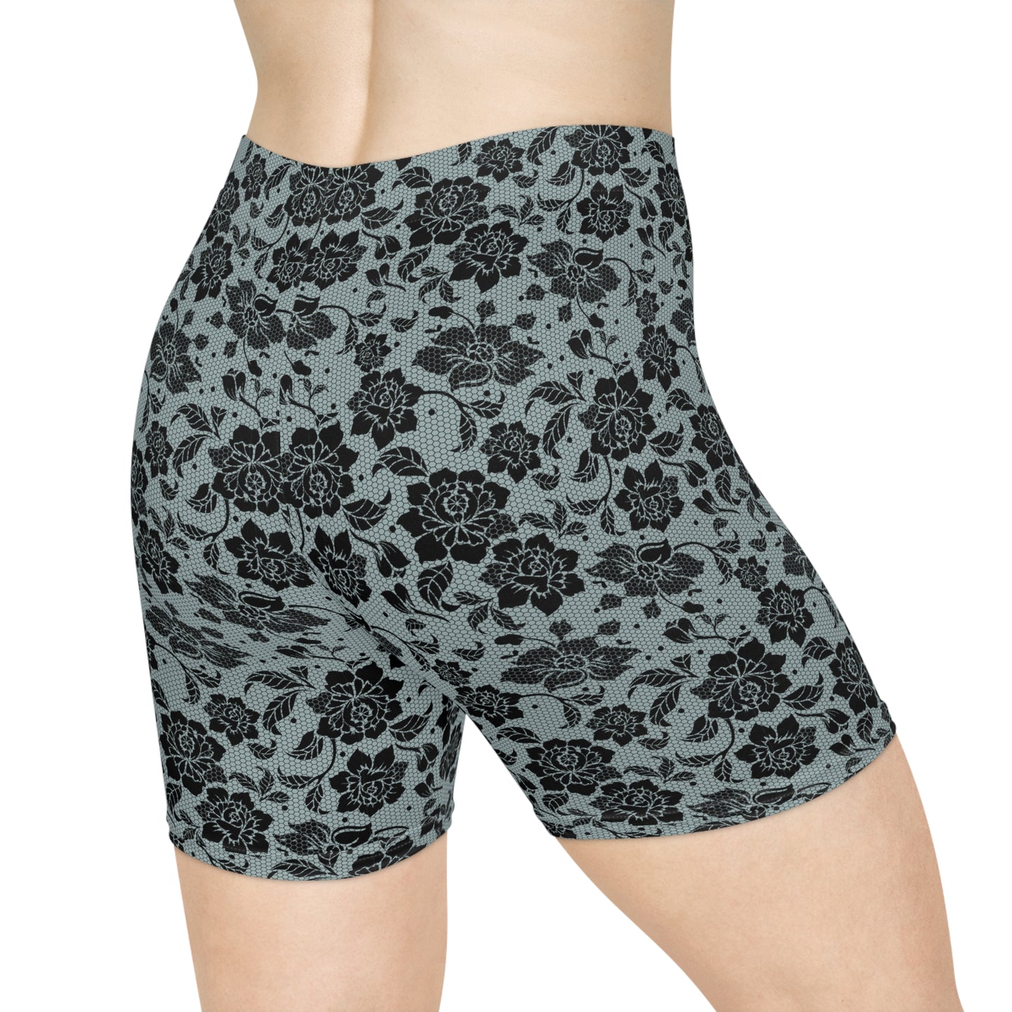 Light Blue and Black Floral Women's Biker Shorts