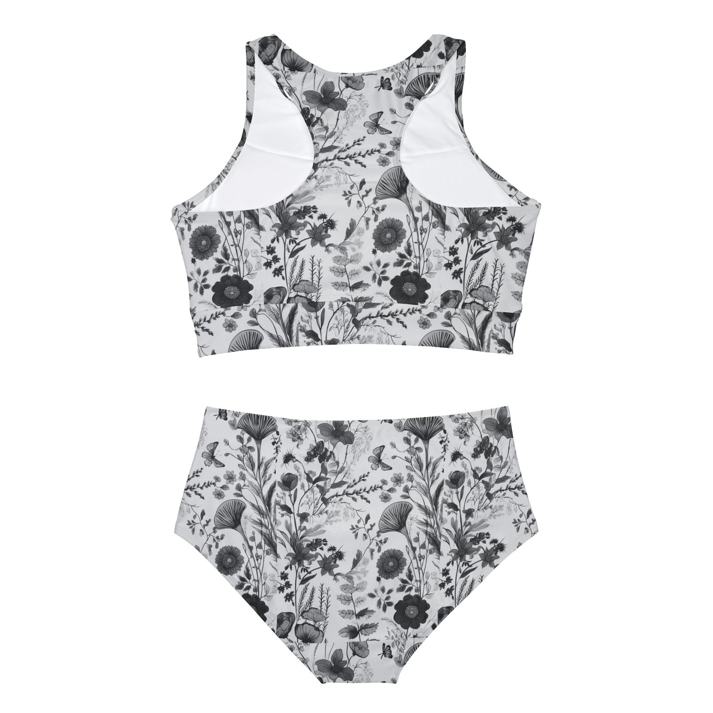 Black and White Vintage Floral Art Deco Sporty Bikini Set