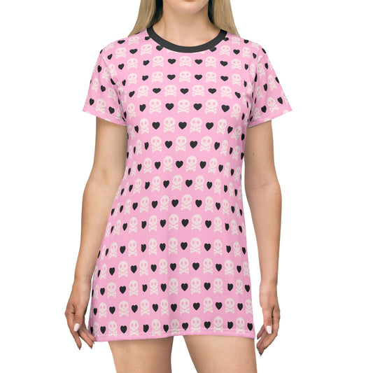 Hearts and Skulls Pastel Pink Kawaii Y2K T-Shirt Dress