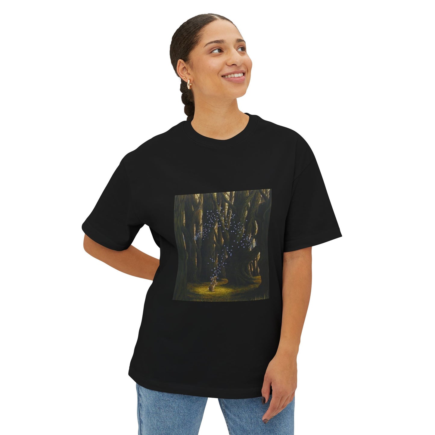 Bunny and Butterflies Art Unisex Black Oversized T-Shirt