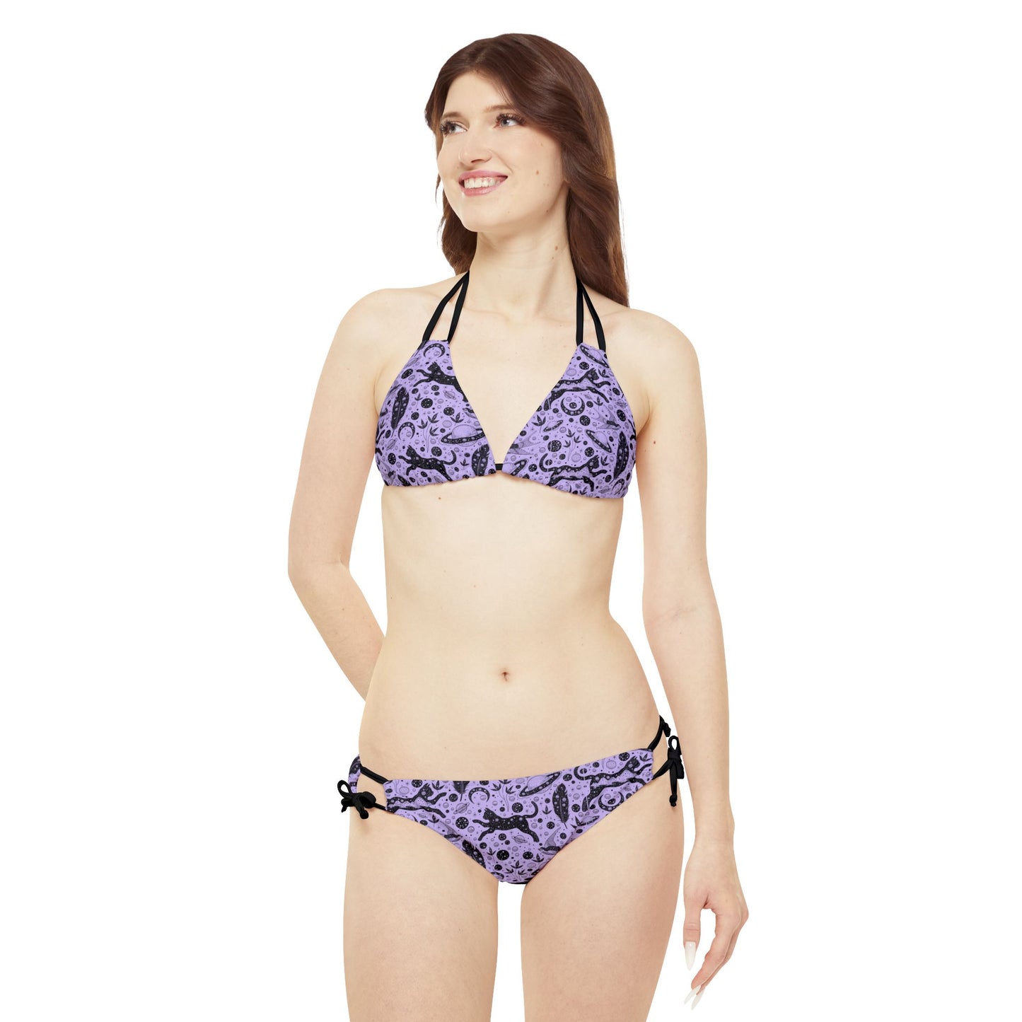 Black Cat Witchy Vibes Pastel Purple Strappy Bikini Set