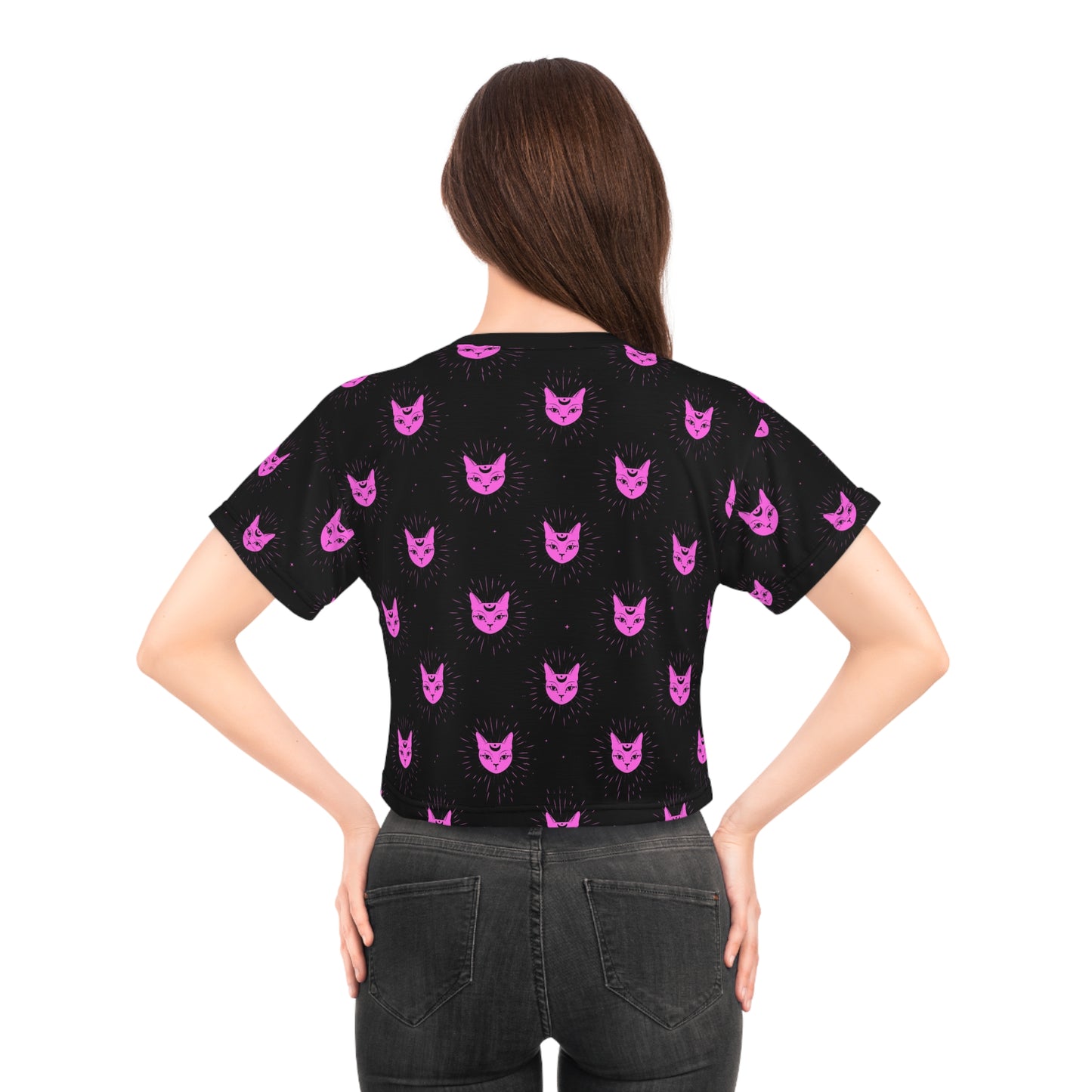 Cat Pink Celestial Vibes Y2K Goth Crop Tee