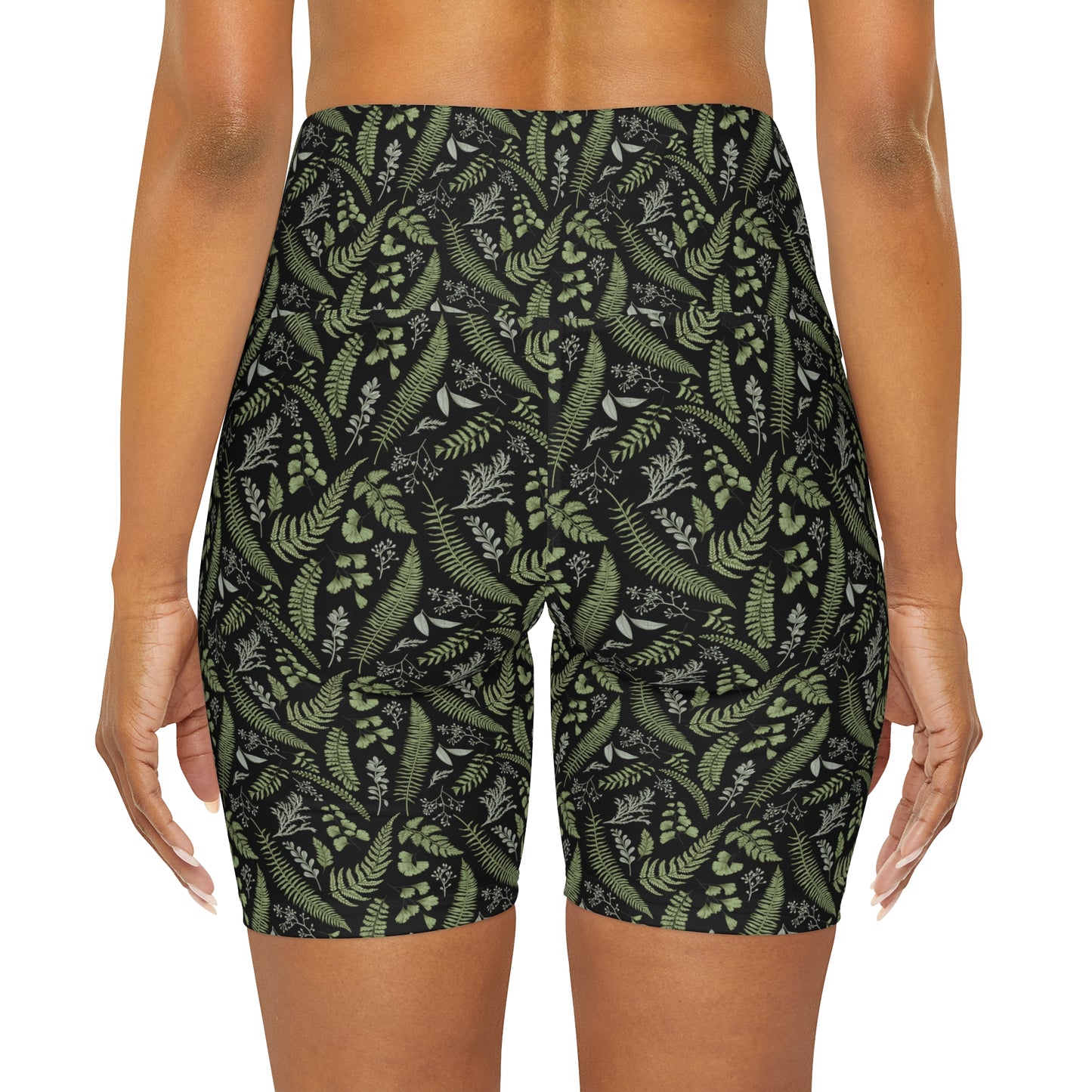 Dark Green Black Floral High Waisted Yoga Biker Shorts