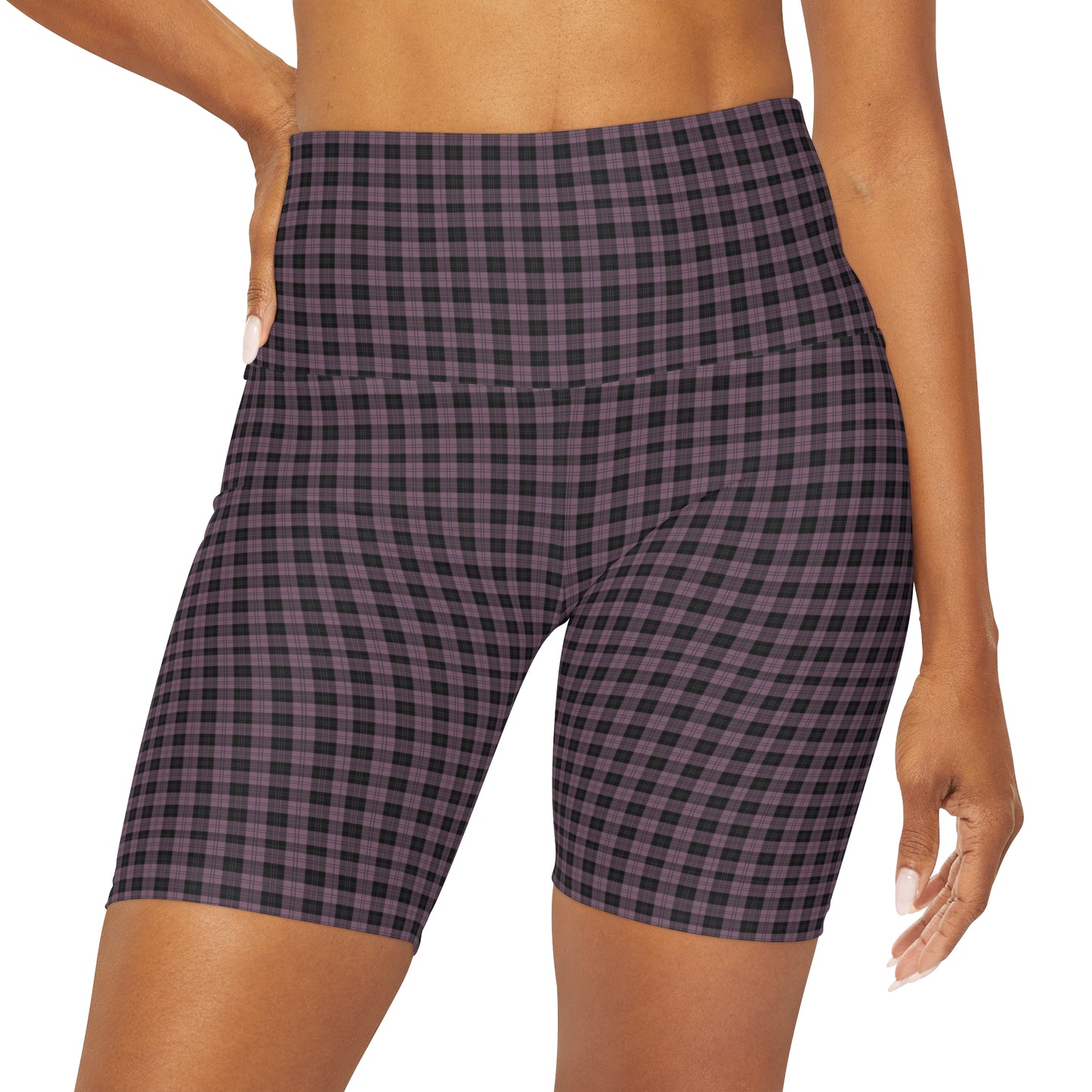 High Waisted Yoga Biker Shorts | Dark Pink Black Plaid