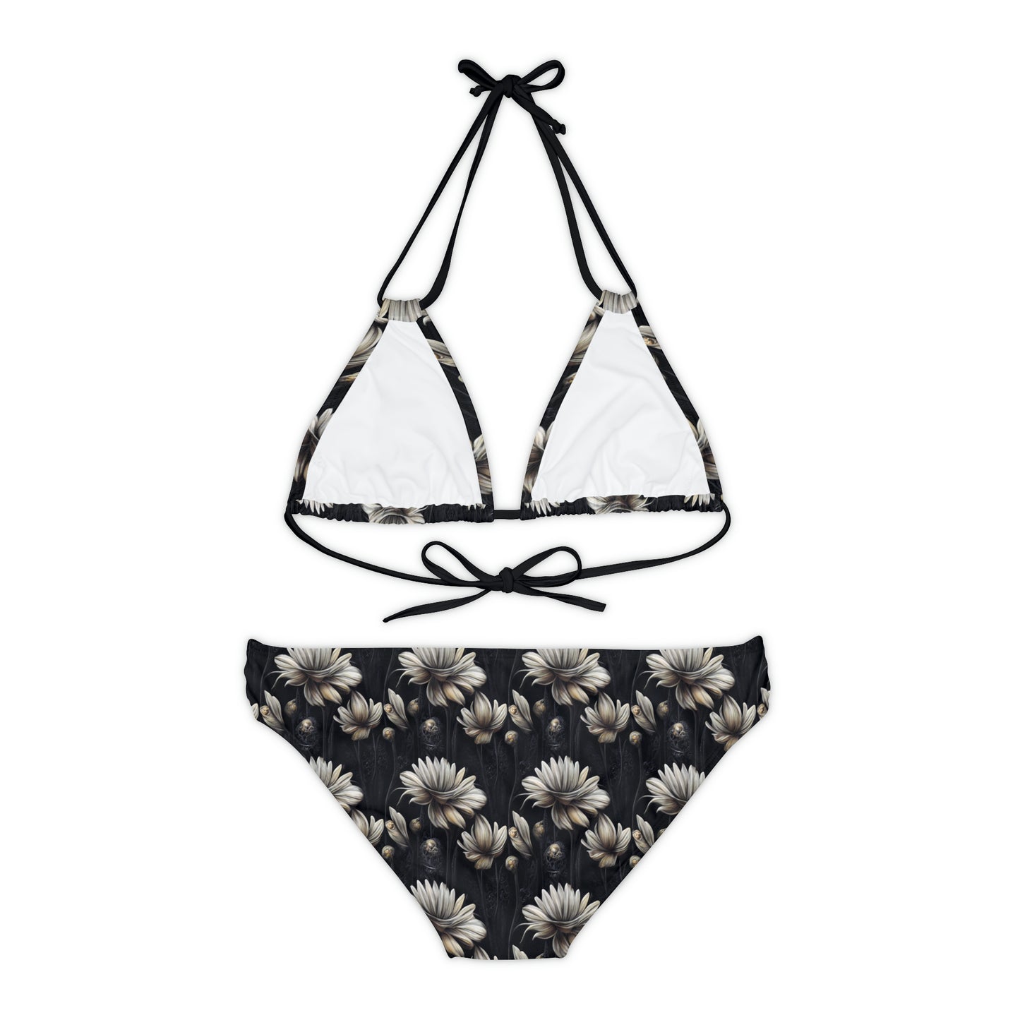 Black Floral Vintage Art Deco Strappy Bikini Set