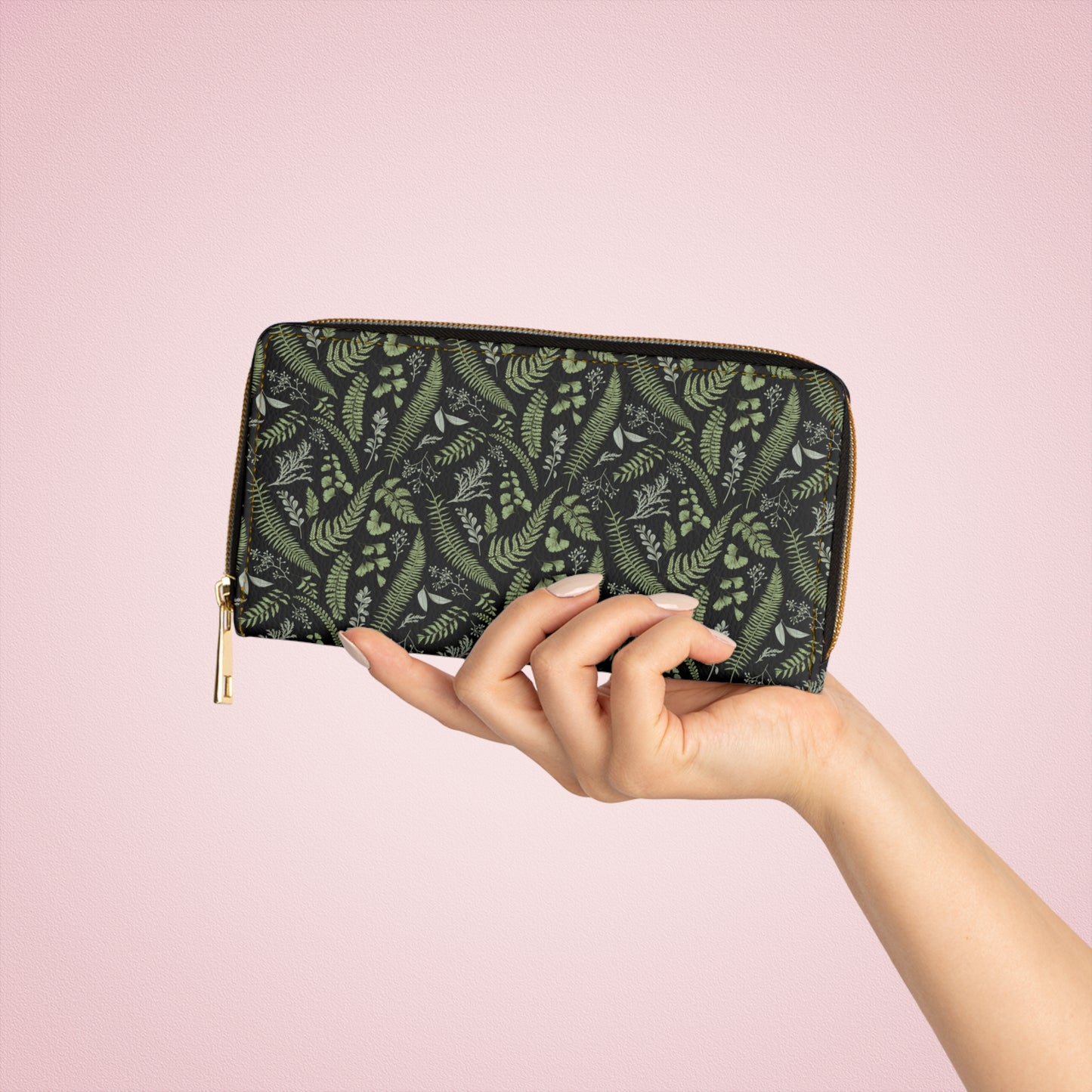 Botanical Pattern Black Zipper Wallet