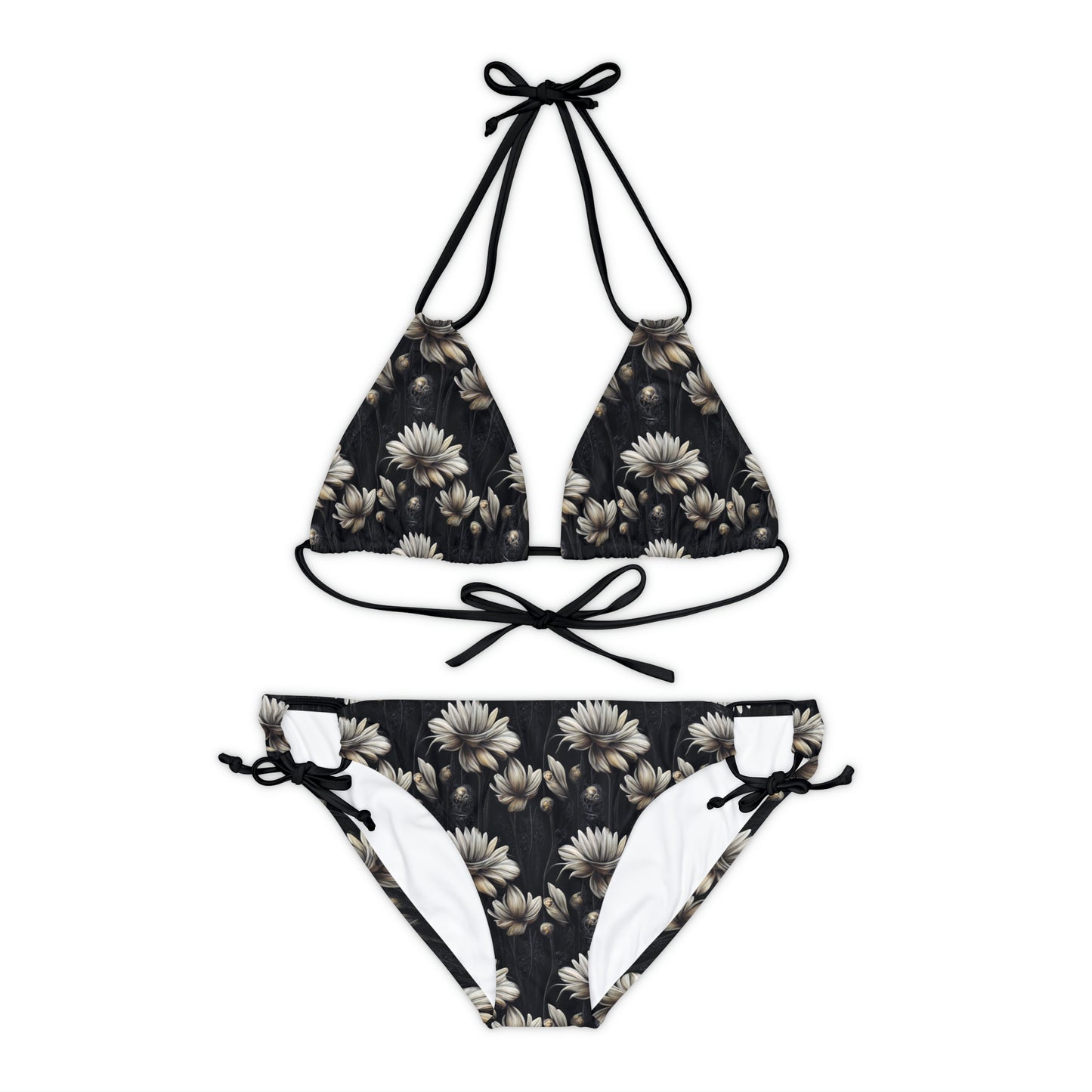 Black Floral Vintage Art Deco Strappy Bikini Set