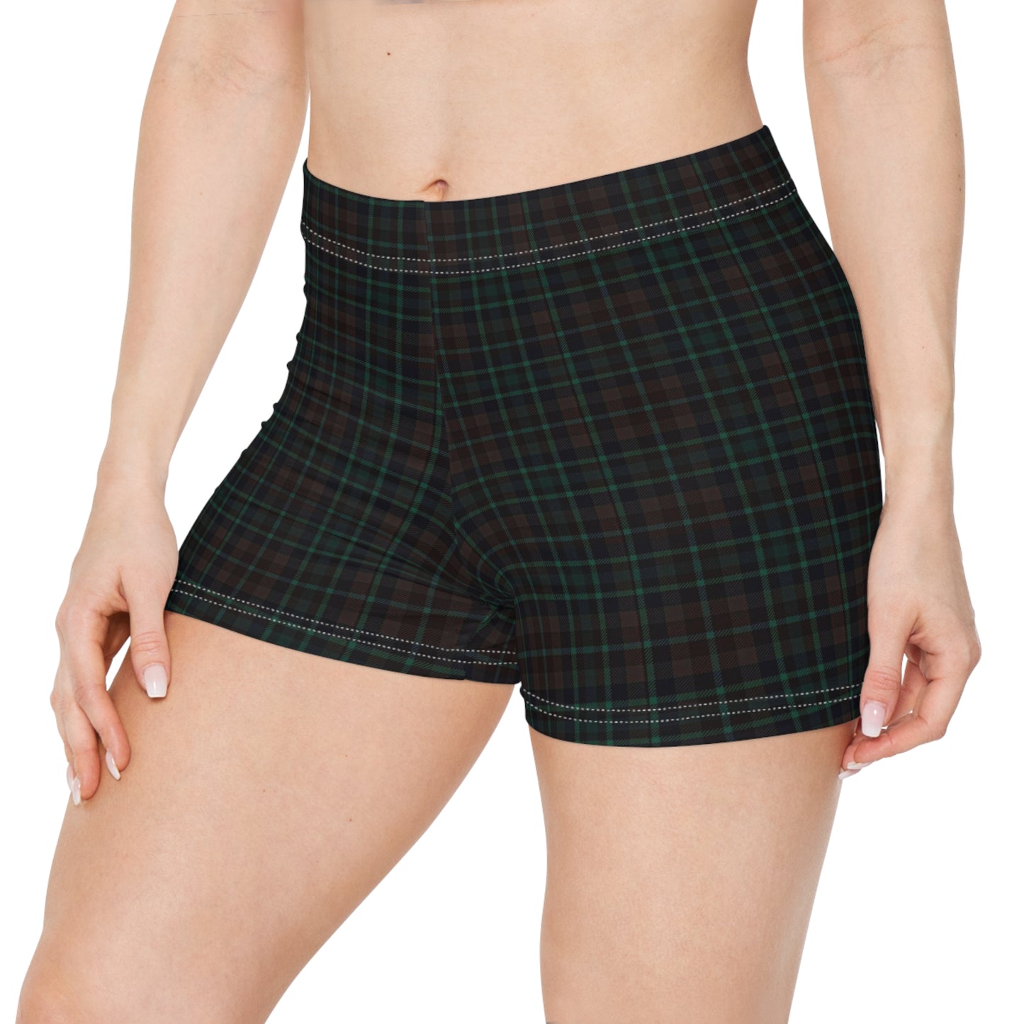 Women's Dark Green Brown Plaid Active Shorts