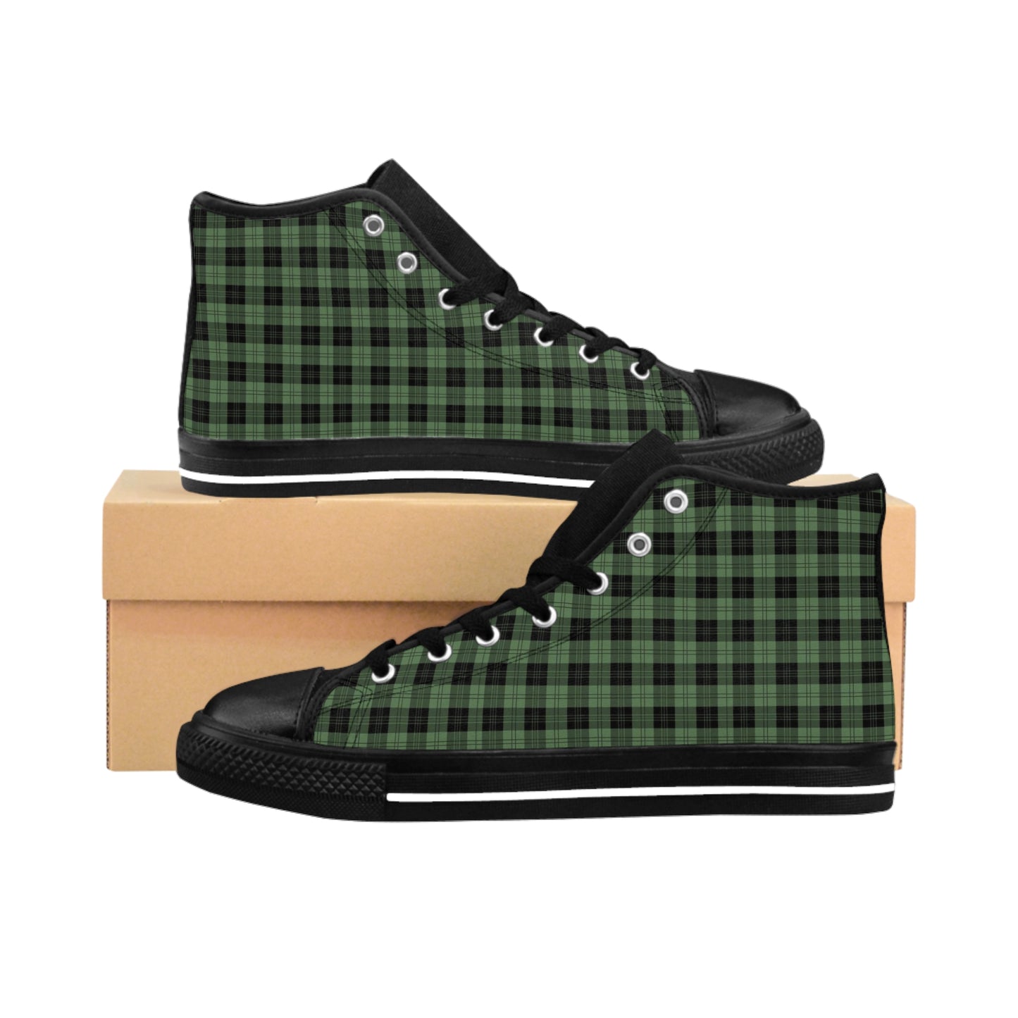 Men's Classic High Top Sneakers | Green Black Checkered Plaid