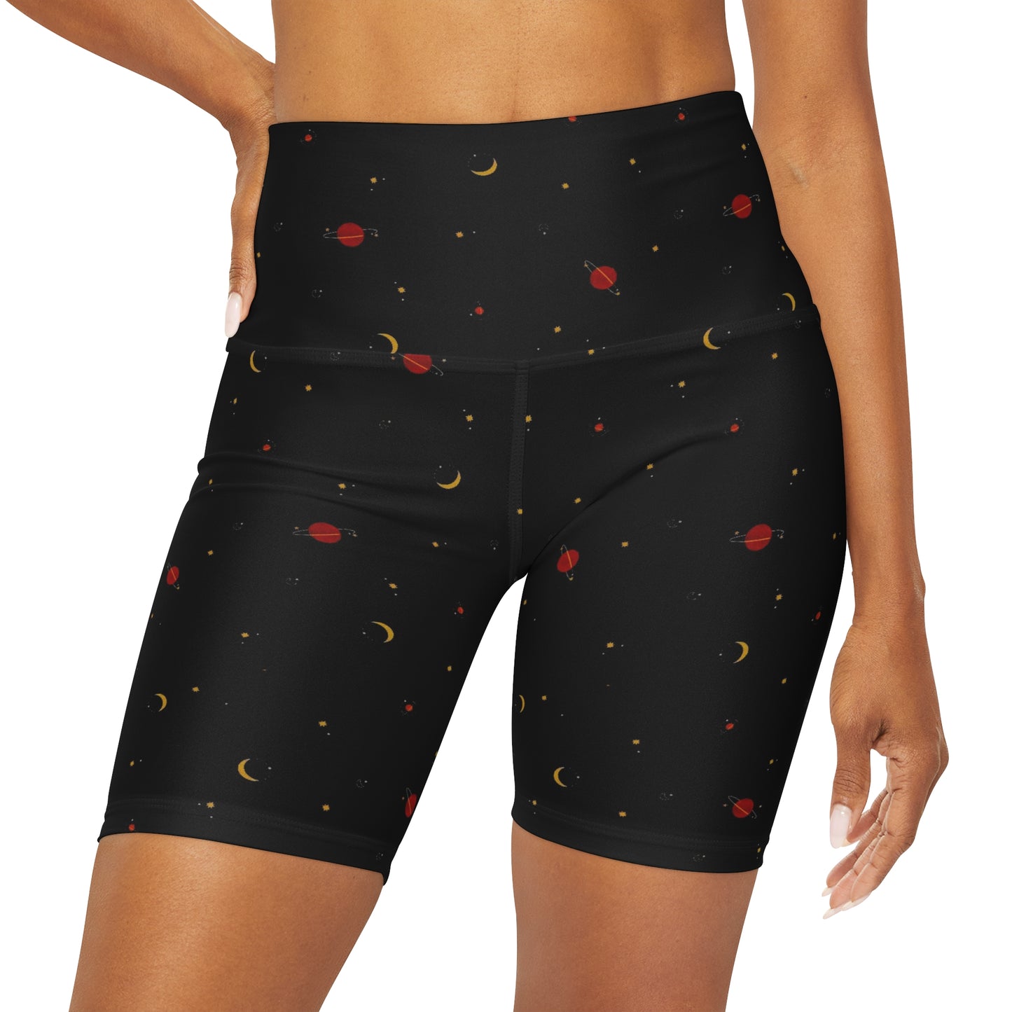 Space Themed Black High Waisted Yoga Biker Shorts