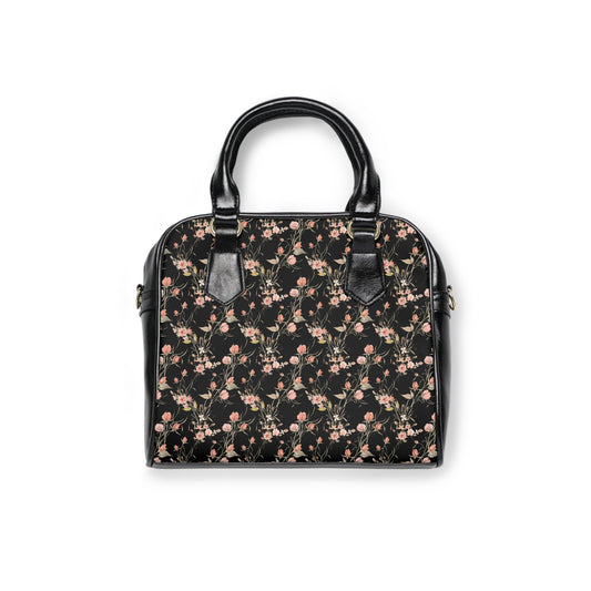 Black and Pink Floral Shoulder Handbag