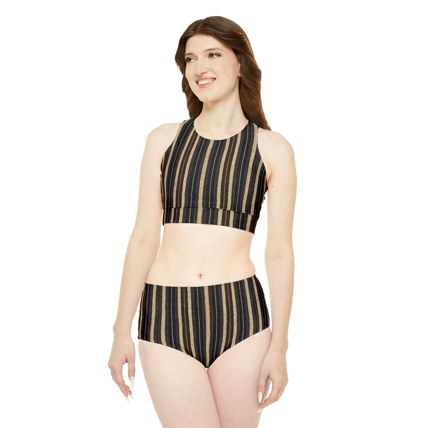 Vintage Chocolate Striped Retro Sporty Bikini Set