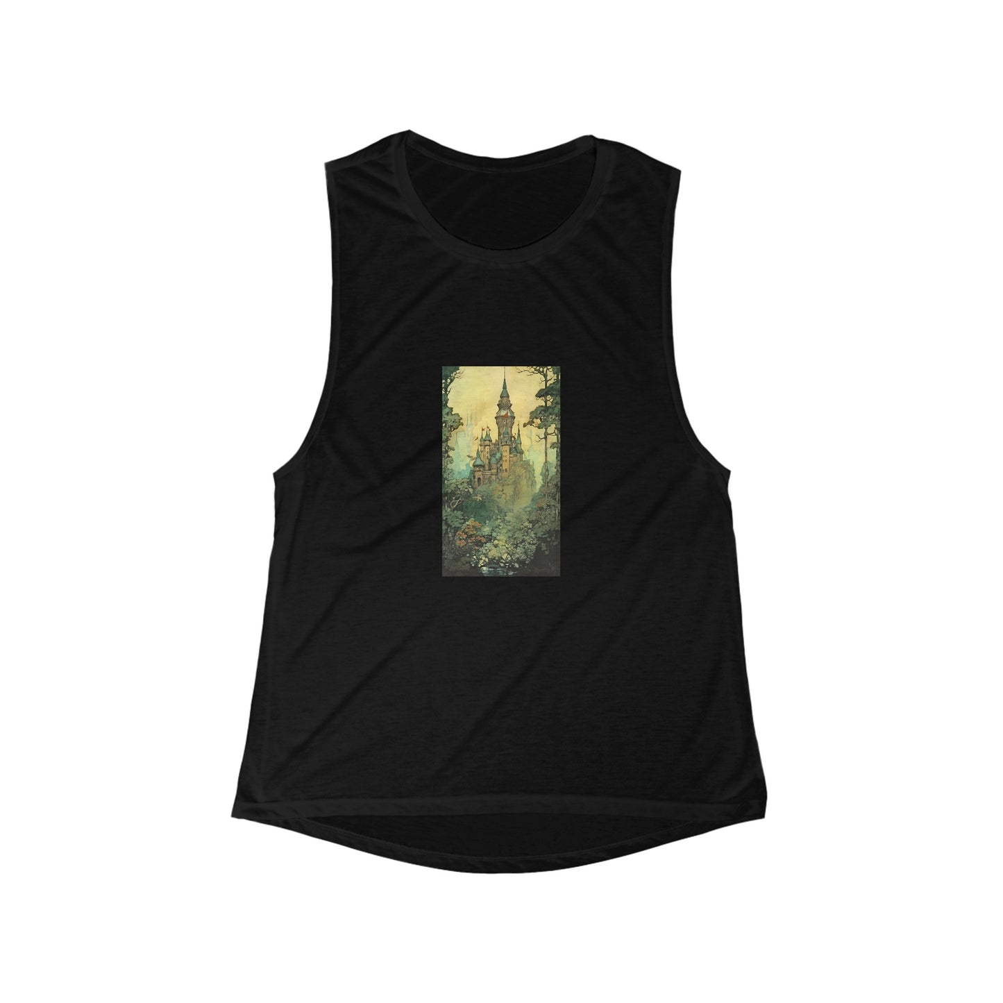 Castle Fairycore Art Women's Flowy Scoop Muscle Black Tank Top