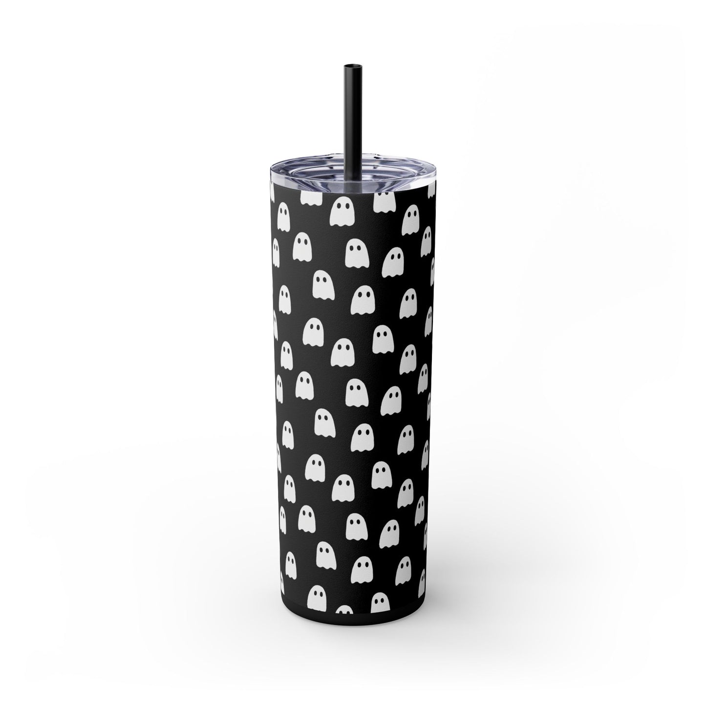 Spooky Ghosts Black Skinny Tumbler with Straw, 20oz