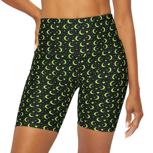 Neon Green Moons Black High Waisted Yoga Biker Shorts