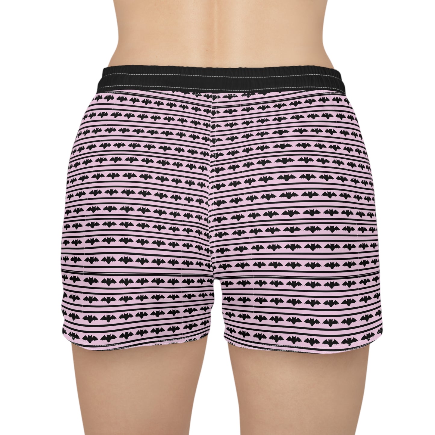 Striped Pastel Pink Women's Black Casual Shorts with Bats