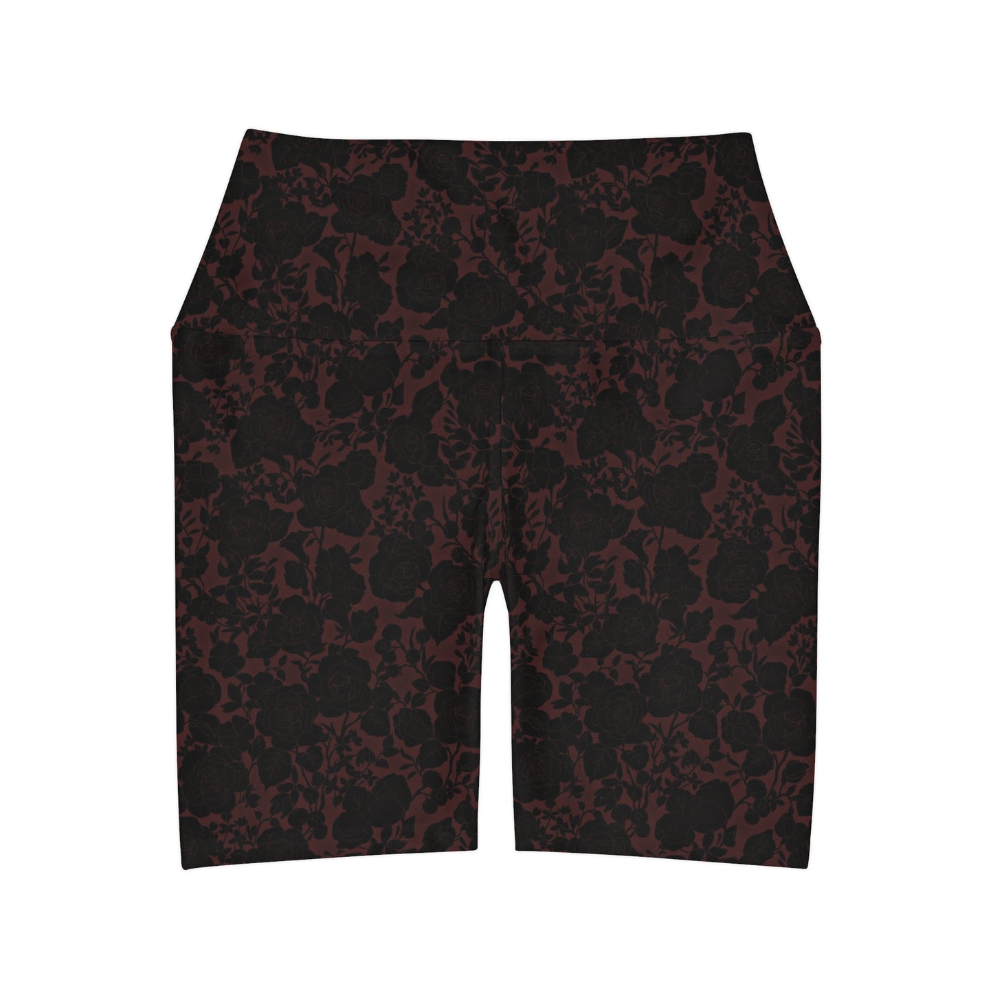 Dark Deep Red Black Floral High Waisted Yoga Biker Shorts