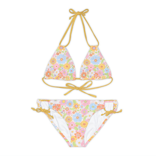 Hippie Pink Yellow Girly Flower Strappy Bikini Set