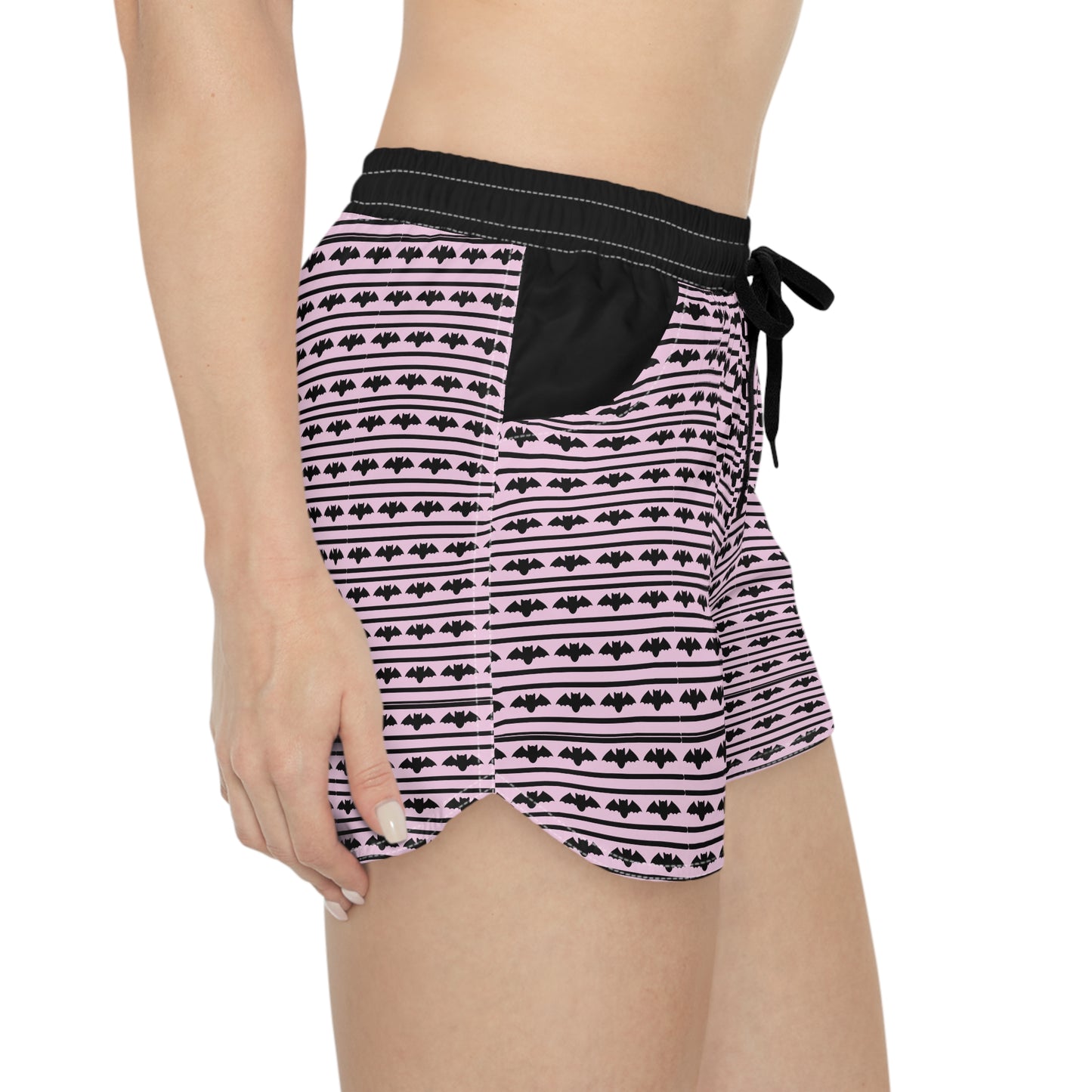 Striped Pastel Pink Women's Black Casual Shorts with Bats