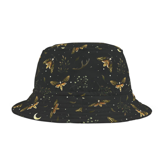 Whimsical Moth Black Retro Bucket Hat