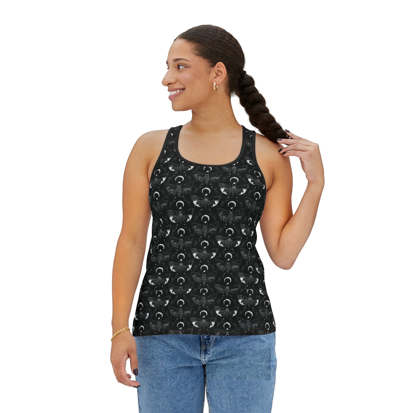 Moth Print Women's Black Tank Top