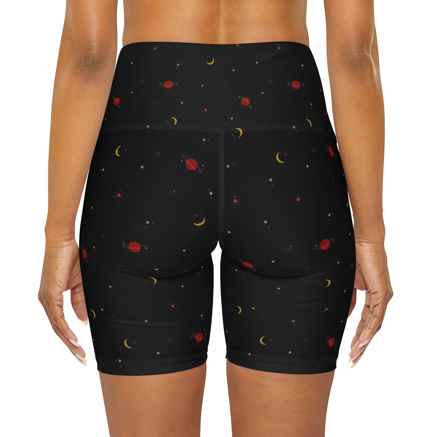 Space Themed Black High Waisted Yoga Biker Shorts