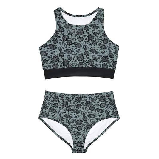 Light Blue Black Floral Sporty Bikini Set