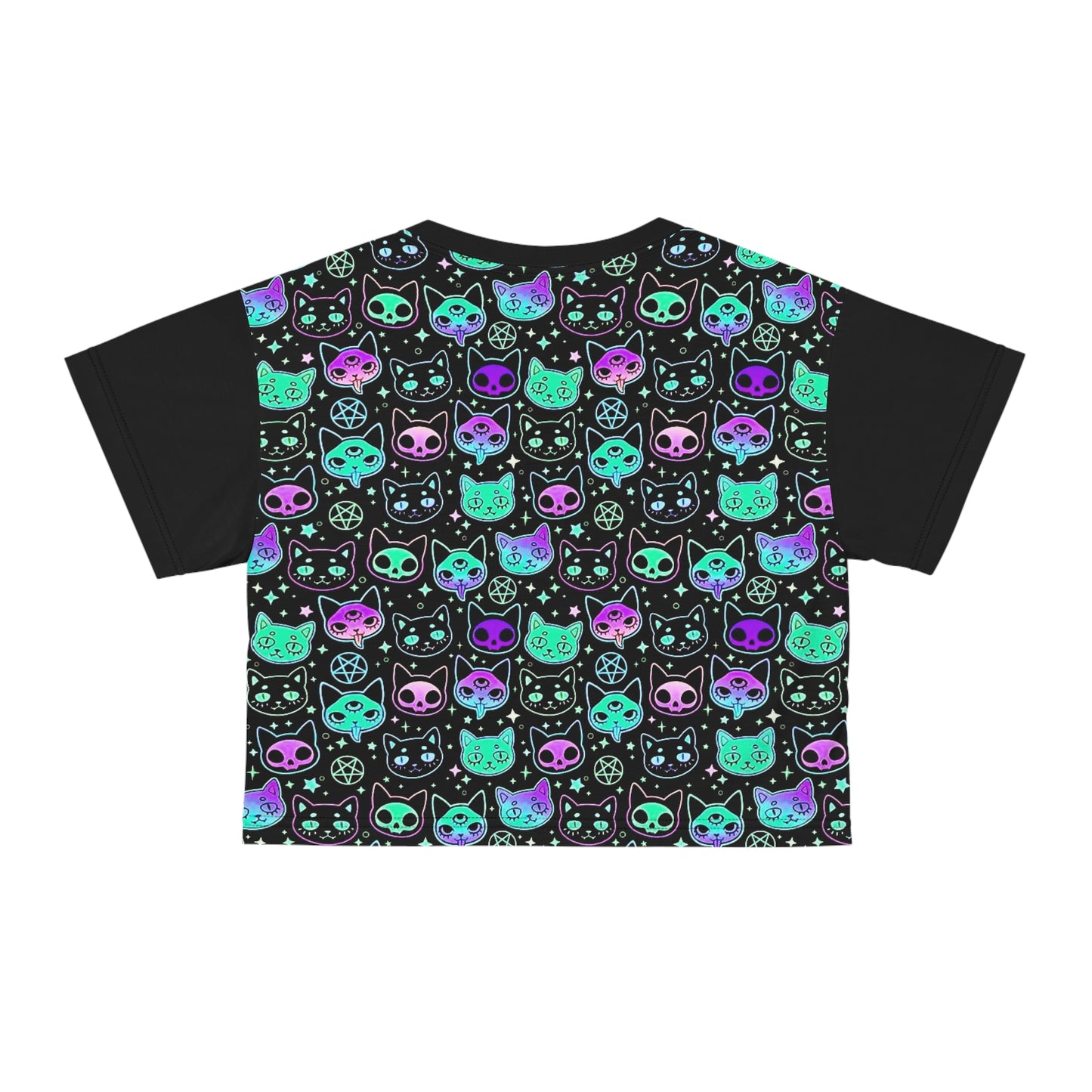 Neon Celestial Cat Pattern Women's Black Crop Tee