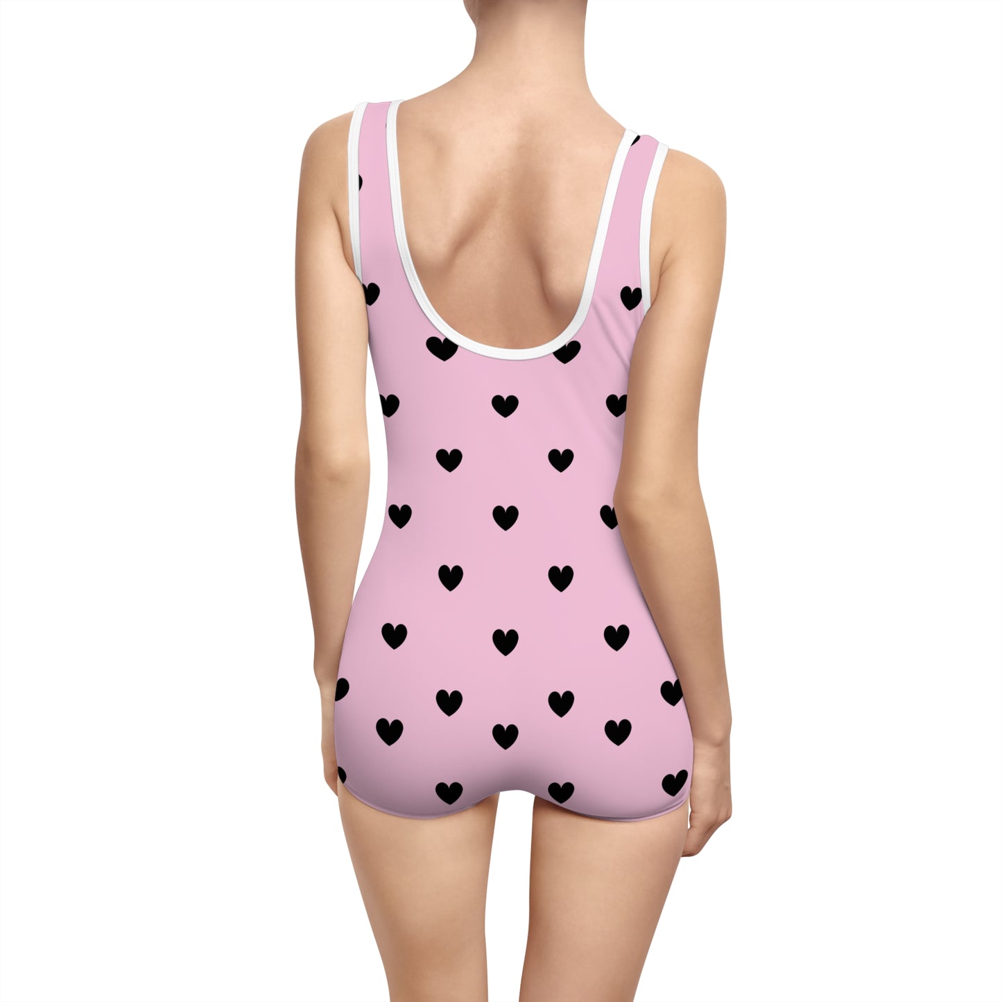 Pink Girly Black Hearts Kawaii Retro Vintage Style One Piece Swimsuit