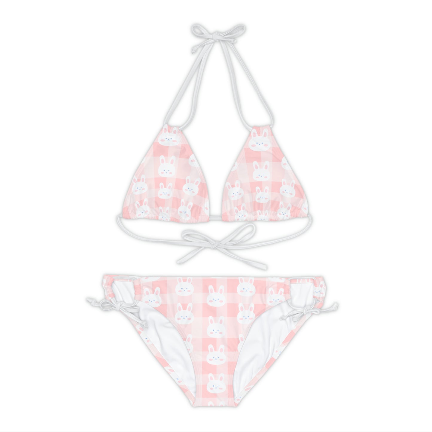 Kawaii Bunny Plaid Pastel Pink Strappy Bikini Set