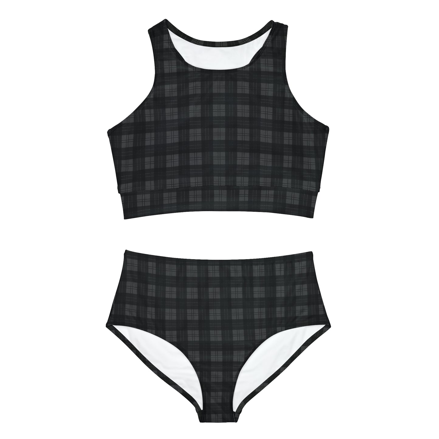 Black and Dark Gray Plaid Sporty Bikini Set