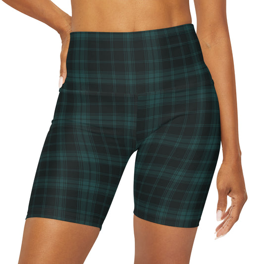 Dark Teal Blue Plaid High Waisted Yoga Biker Shorts