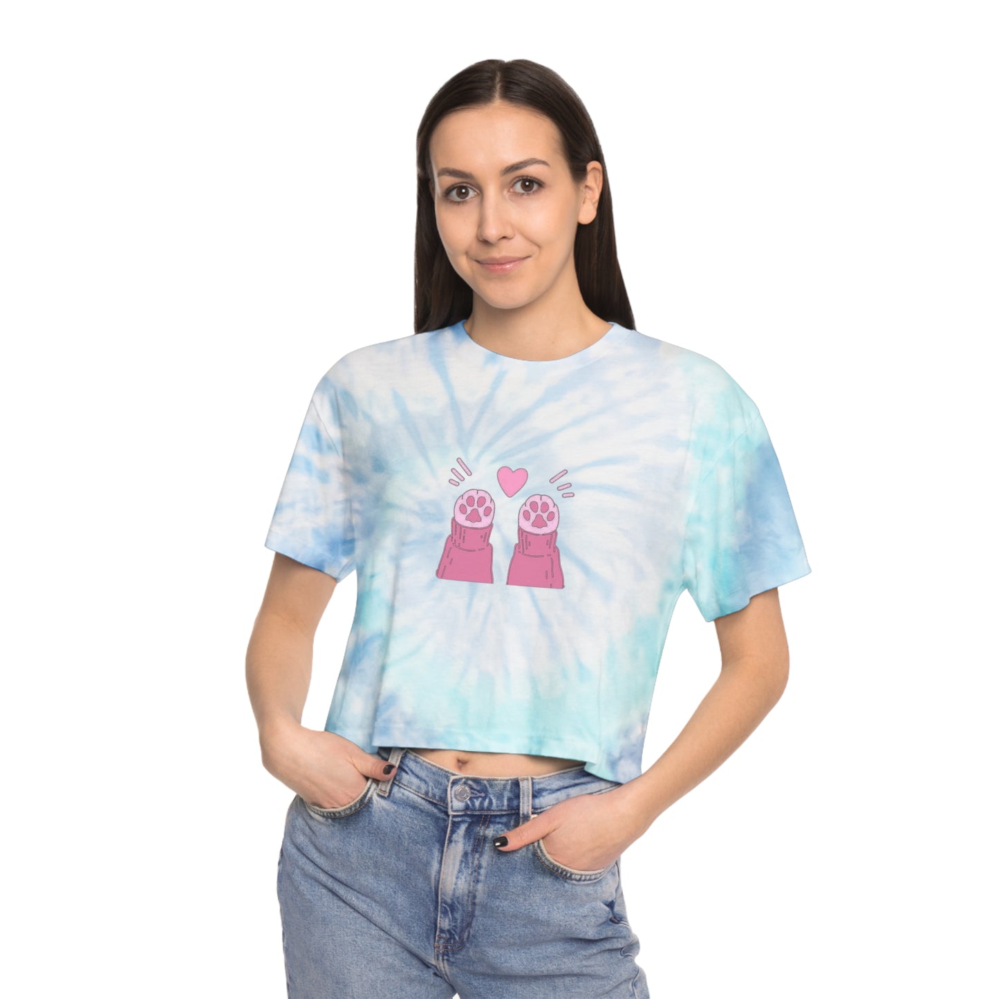 Kitty Paws Up Kawaii Pastel Blue Women's Tie-Dye Crop Tee