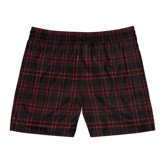 Red Purple Plaid Men's Mid-Length Swim Shorts