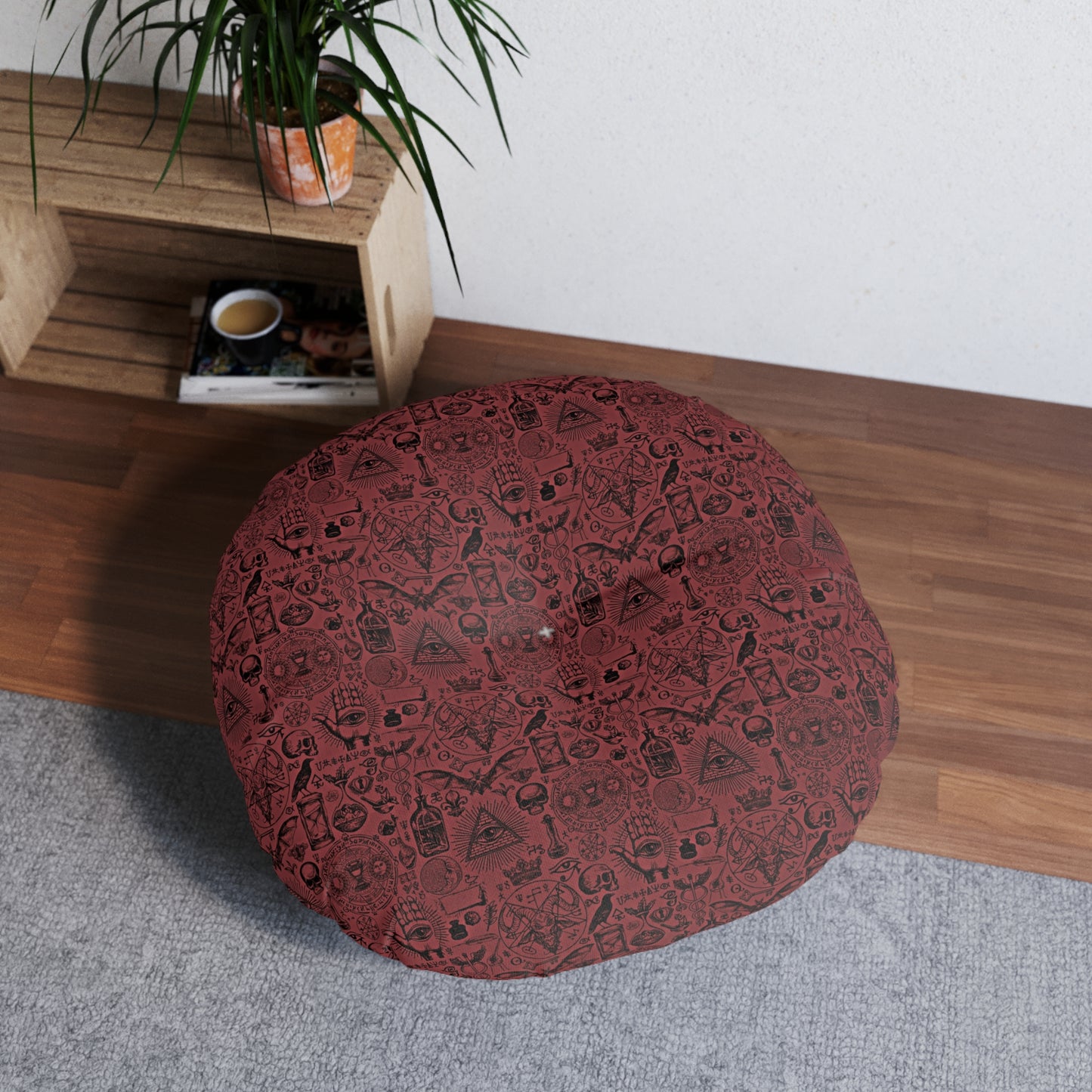 Vintage Occult Pattern Burgundy Round Floor Pillow