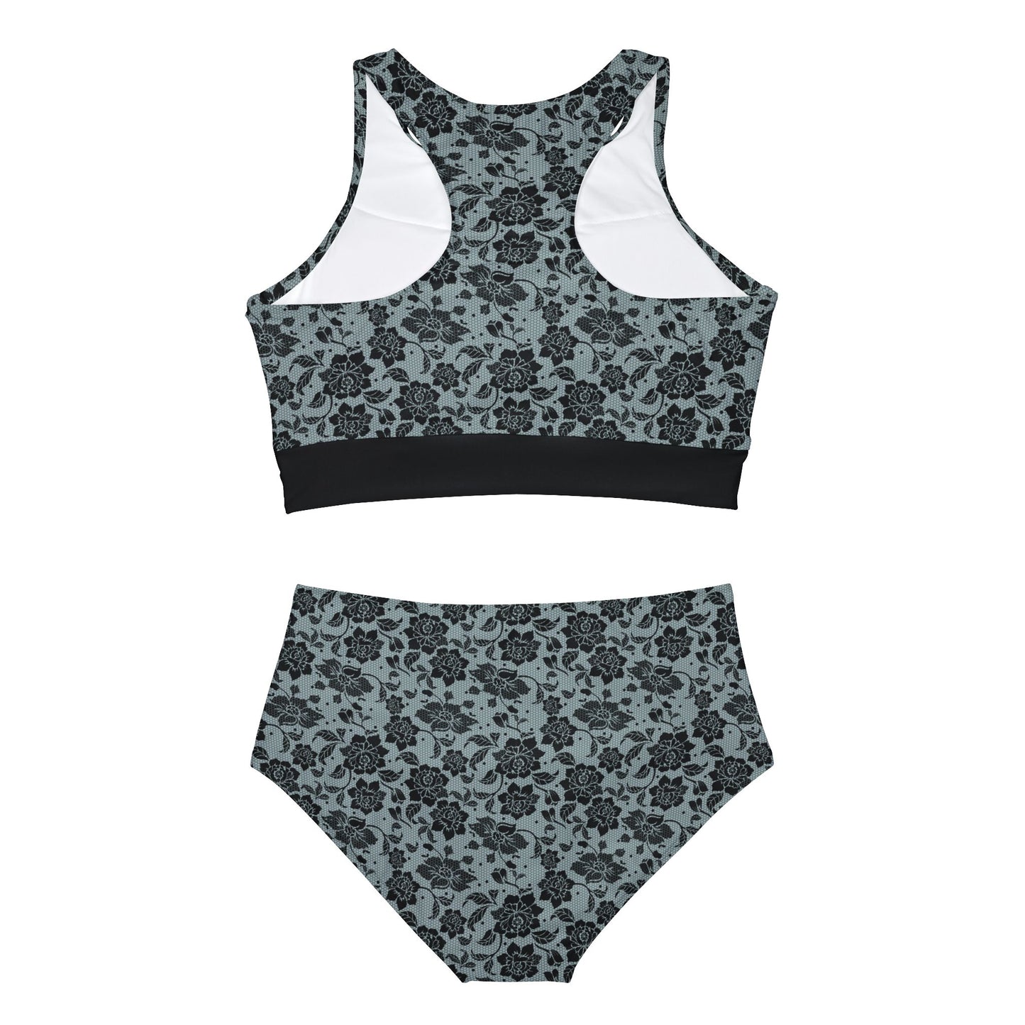 Light Blue Black Floral Sporty Bikini Set