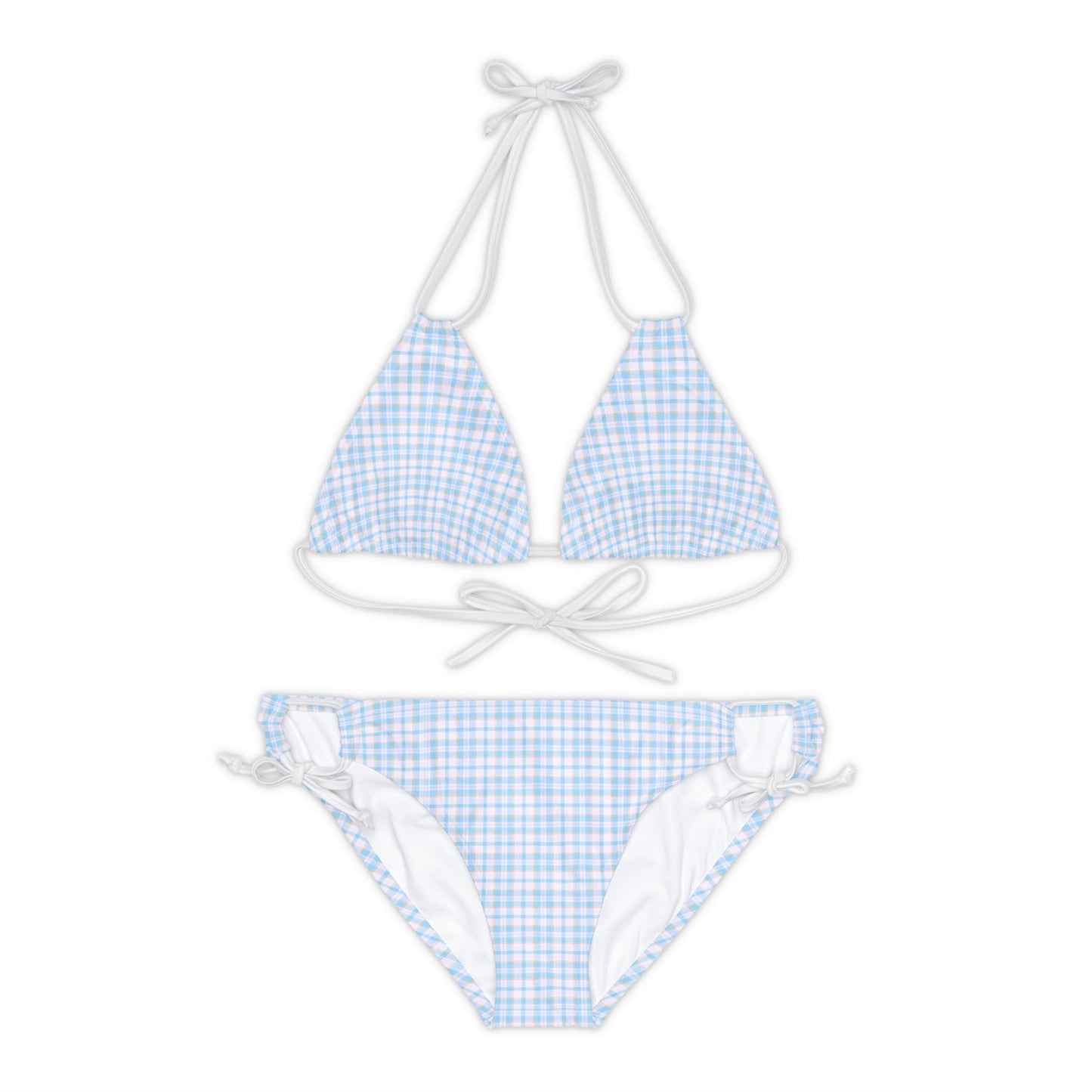 Pastel Blue Plaid Kawaii Strappy Bikini Set